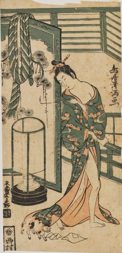 鳥居清満「美人と猫」。座敷の女性と足元の猫を描いた錦絵