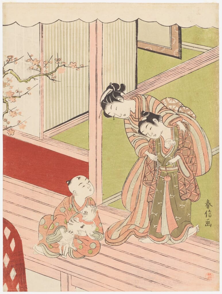 鈴木春信「鼠，猫と遊ぶ娘と子供」。縁側で猫と遊ぶ娘と子供を描いた錦絵