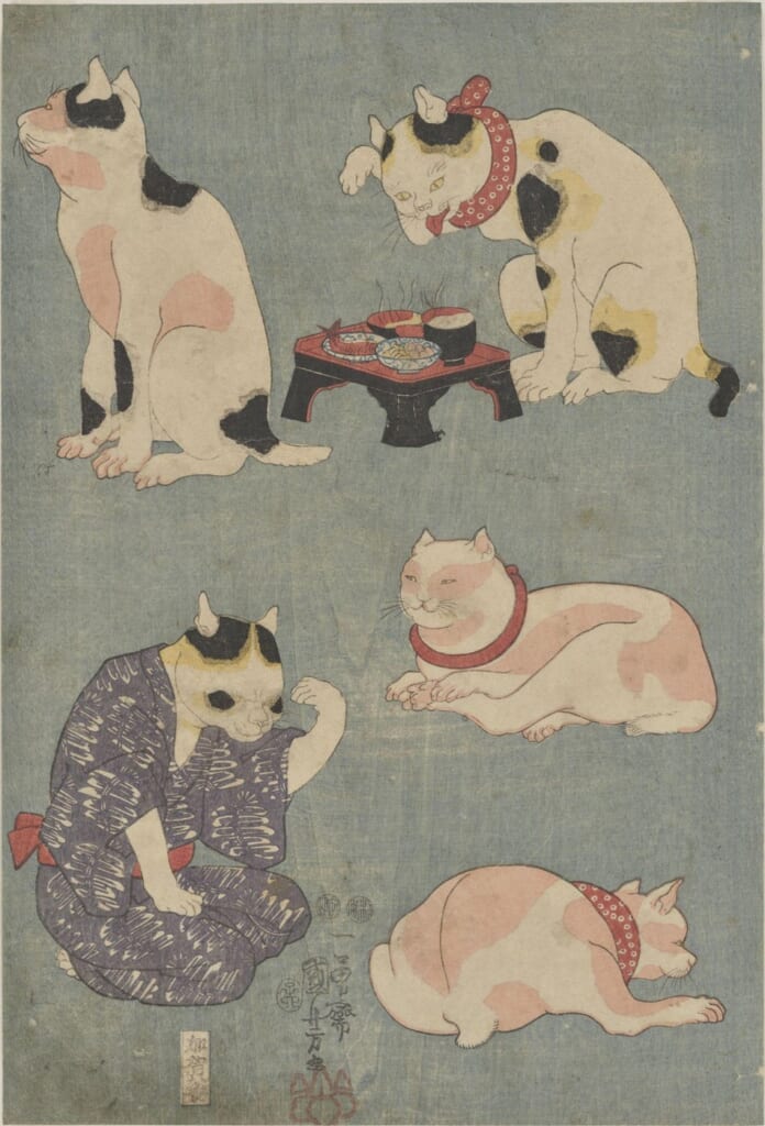 歌川国芳「猫あそび」。前足を上げたり毛づくろいしたりする猫たちを描いた錦絵