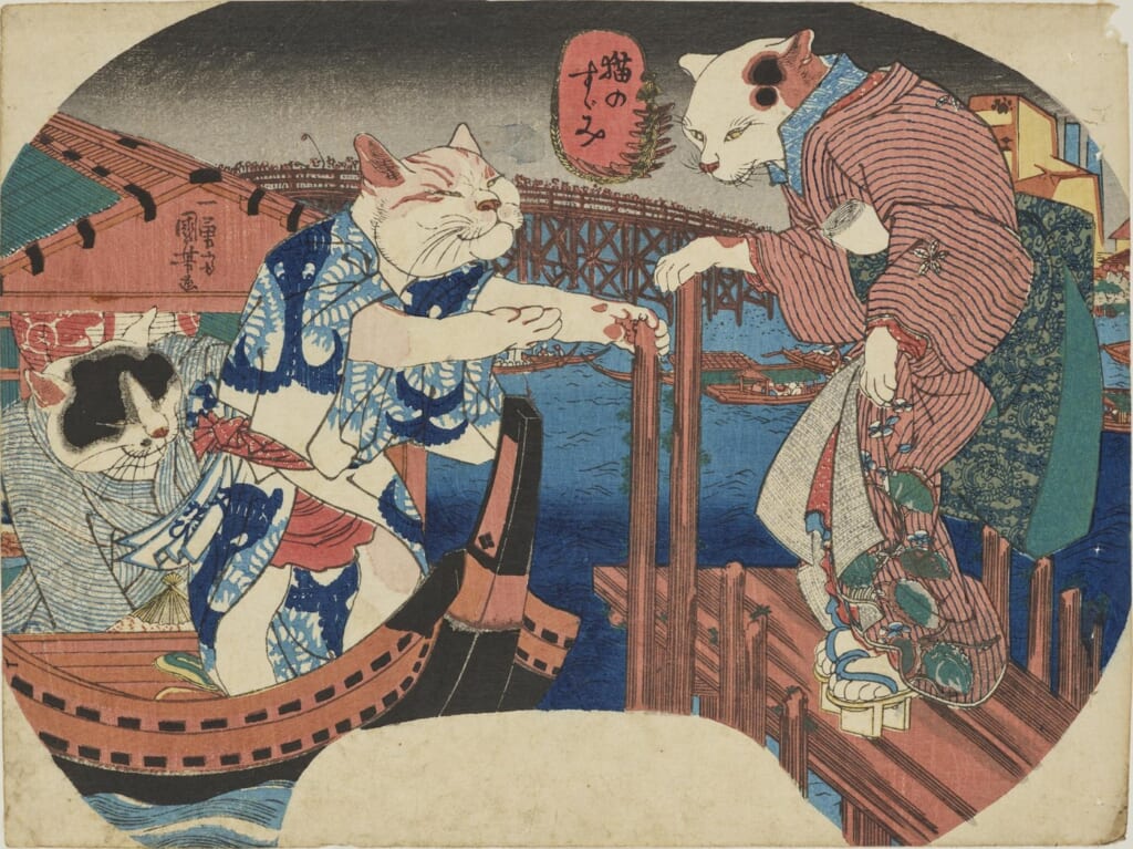 歌川国芳「猫のすゞみ」。着物姿の猫たちが舟で夕涼みをする団扇絵