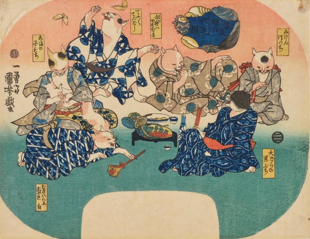 歌川国芳「當流猫乃六毛撰」。着物姿の猫たちを描いた団扇絵