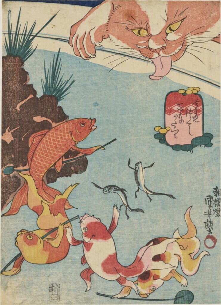 歌川国芳「金魚づくし・百ものがたり」。化け猫と金魚を描いた錦絵