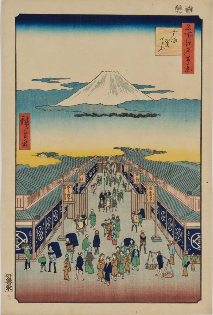 歌川広重「名所江戸百景・するがてふ」。越後屋の店が並ぶ駿河町と富士山