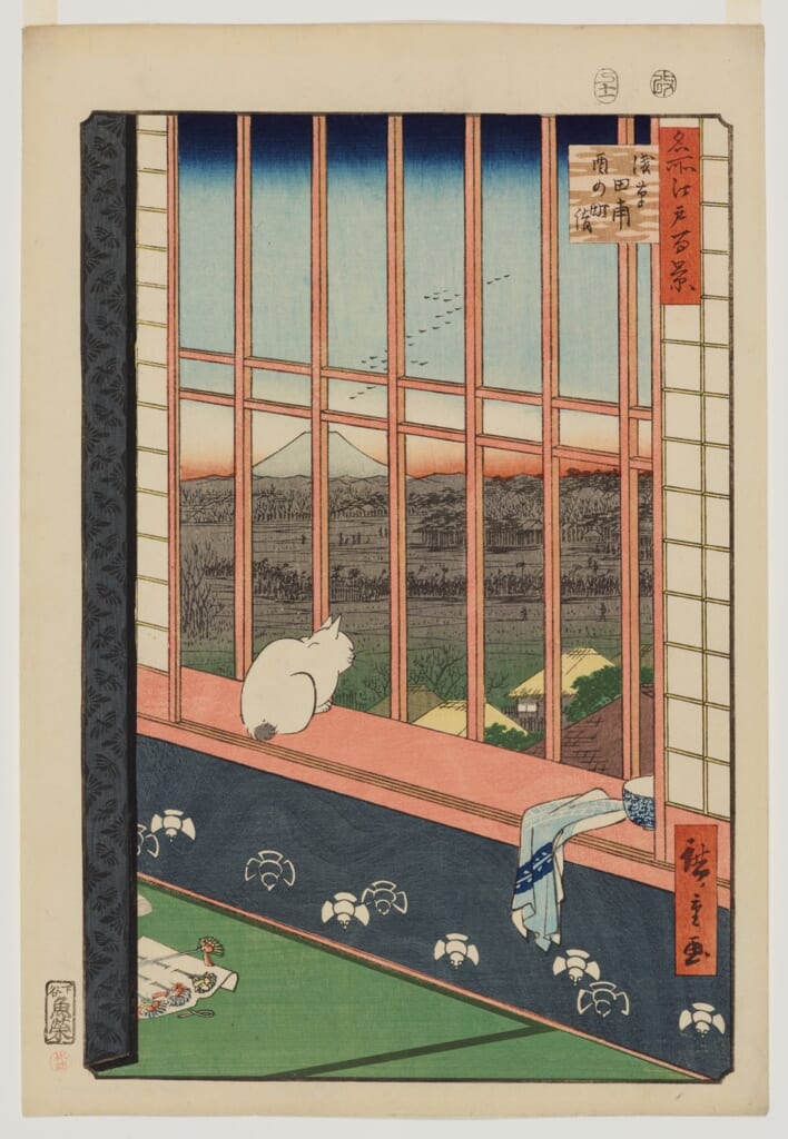 Hiroshige print of a white cat looking out a window at the Tori-no-machi festival procession